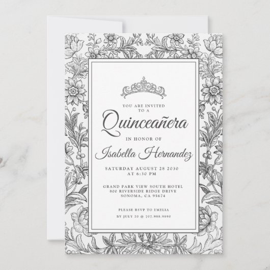 Quinceanera Black White Floral Tiara Invitation (Devant)