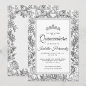 Quinceanera Black White Floral Tiara Invitation (Devant / Derrière)