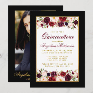 Quinceanera Black White Gold Burgundy Floral foto Kaart