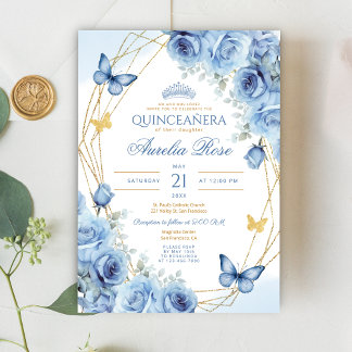 Quinceañera Blauw Bloemen Goud Lijst Vlinderkroon Kaart