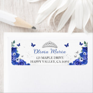 Quinceañera Blauw Bloemen Zilveren Vlinders Adres Etiket