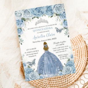 Quinceanera Blauwe Bloemen Zilveren Vlinders Blond Kaart