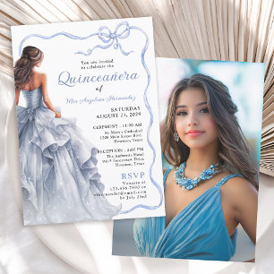 Quinceañera Blauwe jurk geschulpte lint boog foto Kaart