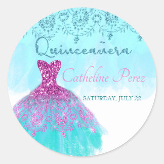 quinceanera blauwgroen 15e verjaardagsgunst ronde sticker