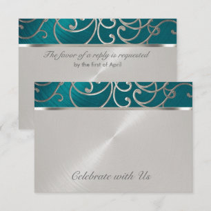 Quinceanera Blauwgroen Blue Silver Filigree Swirls RSVP Kaartje