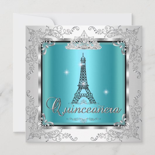 Quinceanera Blauwgroen Blue Silver Tiara Eiffel To Kaart (Voorkant)