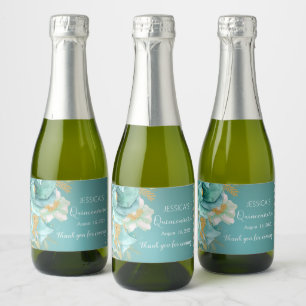 Quinceanera Blauwgroen Gold Floral mini Champagne Sparkling Wijnetiket
