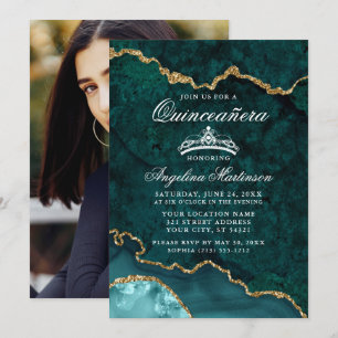 Quinceanera Blauwgroen Gold Marble Agate Geode Fot Kaart