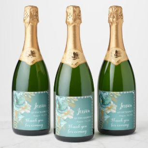 Quinceanera Blauwgroen Gouden Bloemen Mousserende Sparkling Wijnetiket