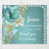 Quinceanera Blauwgroen Gouden Bloemen Mousserende  Sparkling Wijnetiket (Enkel label)