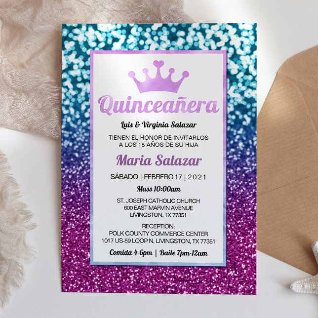 Quinceañera Bleu violet Élégante invitation espagn (Créateur téléchargé)