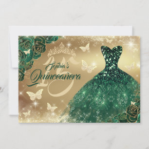 Quinceanera Bloem Glans Gouden Smaragd Jurk Kaart