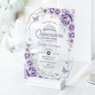 Quinceanera Bloemen Lilac Paars Zilver Acryl Uitnodigingen