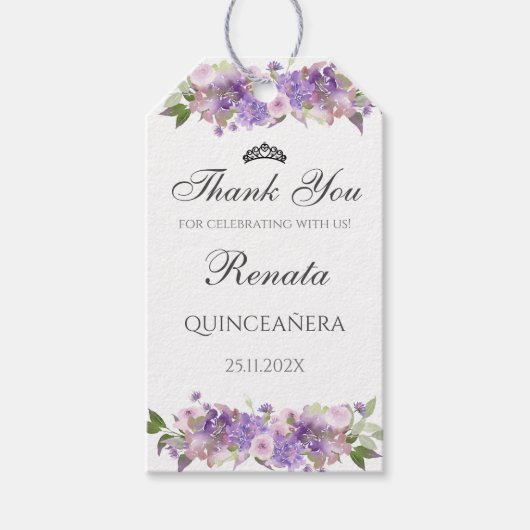 Quinceanera Bloemen Paarse Cadeaulabel (Voorkant)
