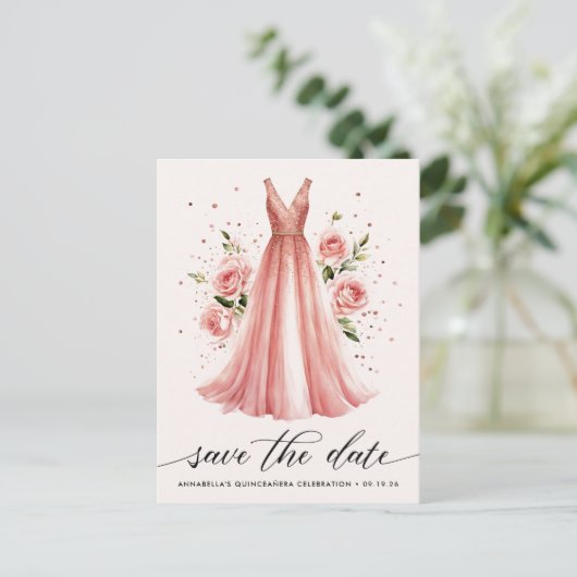 Quinceañera Bloemen Roos Gouden Jurk Save The Date Briefkaart (Staand voorkant)