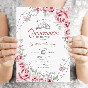 Quinceanera Bloemen Roze Zilver Kaart