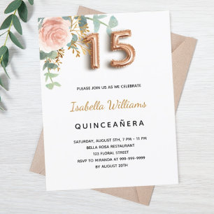 Quinceanera bloemengoud roos eucalyptus groen uitnodiging briefkaart