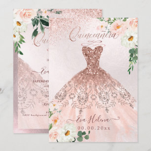 Quinceañera, bloemige jurk met roze gouden glans kaart