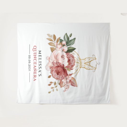 Quinceanera bloemrijke namaak gouden jurk 15e verj wandkleed (Voorkant (horizontaal))