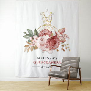 Quinceanera bloemrijke namaak gouden jurk 15e verj wandkleed