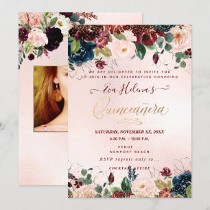 Quinceañera, Blozende Watercolor Bloemen DIY Sangr Kaart