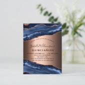 Quinceanera blue agate marmer roos goud uitnodiging briefkaart (Staand voorkant)