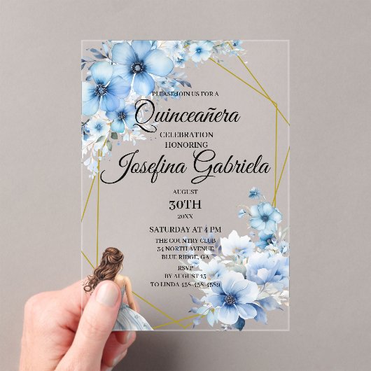 Quinceanera blue floral acryl uitnodigingen (Insitu (Draagbaar))
