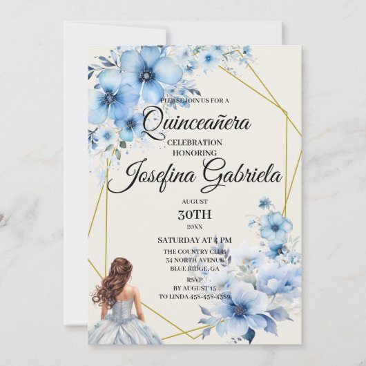 Quinceañera blue floral Invitation (Devant)