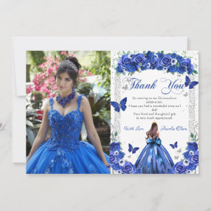 Quinceañera Blue Floral Princess Butterflies Foto Bedankkaart