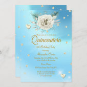 Quinceanera Blue Glitter Roos Floral Kaart (Voorkant / Achterkant)