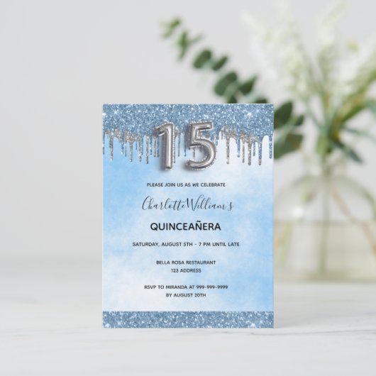 Quinceanera blue glitter Silver Eegant luxueus Uitnodiging Briefkaart (Staand voorkant)
