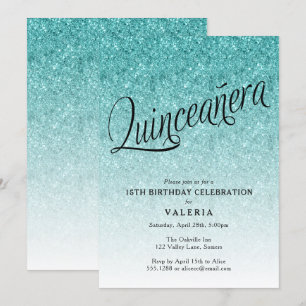 Quinceanera Blue Ombre Glitter Verjaardagsuitnodig Kaart