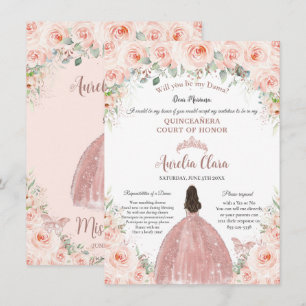 Quinceañera Blush Bloemen Roos Goud Dama Voorstel Kaart