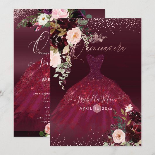 Quinceanera Blush Burgundy Waterverf Flowers Kaart (Voorkant / Achterkant)
