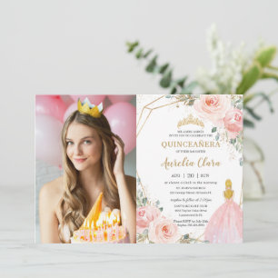 Quinceañera Blush Floral Blonde Birthday Foto Kaart