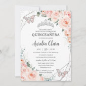 Quinceañera Blush Floral Butterflies Silver Crown Kaart (Voorkant)