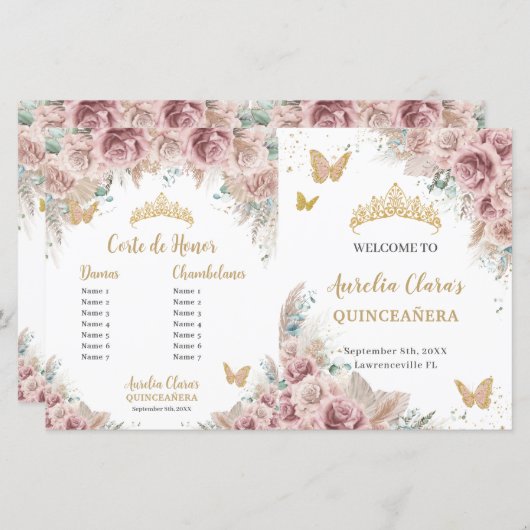 Quinceañera Blush Floral Pampas Padrinos Programme (Devant / Derrière)