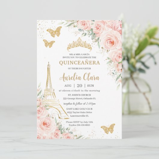 Quinceañera Blush Floral Paris Eiffel Champagne Kaart (Staand voorkant)