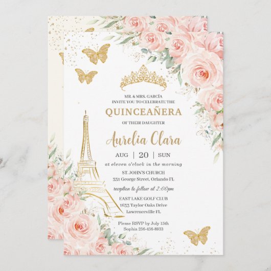 Quinceañera Blush Floral Paris Eiffel Champagne Kaart (Voorkant / Achterkant)