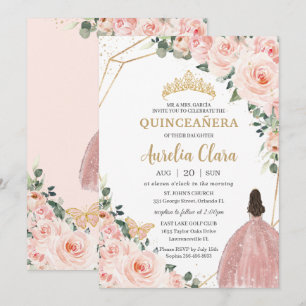 Quinceañera Blush Floral Princess Gold Crown Kaart