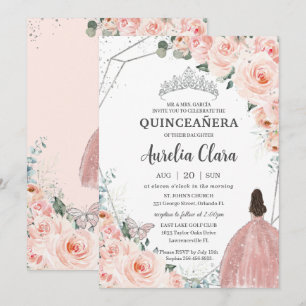 Quinceañera Blush Floral Princess Silver Crown Kaart