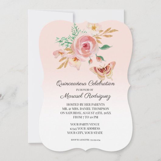 Quinceañera Blush Pink Butterfly w Bloemen in Goud Kaart (Voorkant)