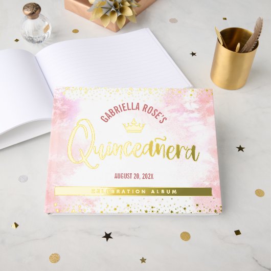 Quinceañera Blush Pink Crown Script Real Gold Foil (Recto ouvert)