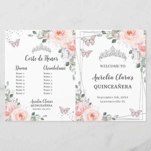 Quinceañera Blush Pink Floral Butterflies Programm (Voorkant)