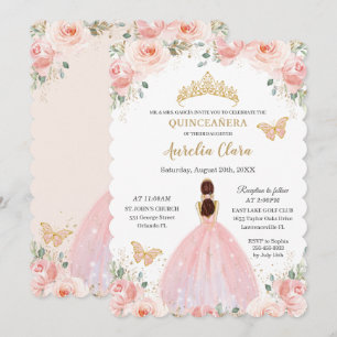 Quinceañera Blush Pink Floral Gold Crown Butterfly Kaart