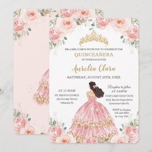 Quinceañera Blush Pink Floral Princess Birthday Kaart