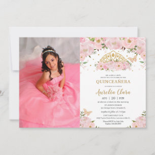 Quinceañera Blush Pink Floral Princess Crown Foto Kaart