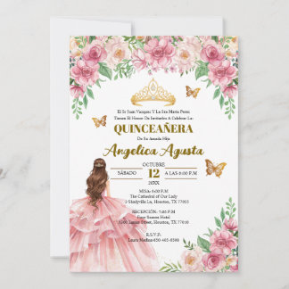 Quinceañera Blush Pink Floral Princess Spanish Kaart