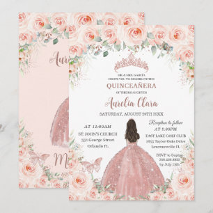 Quinceañera Blush Pink Floral Roos Gold Princess Kaart