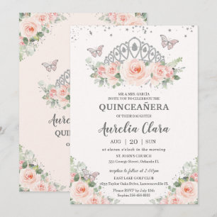 Quinceañera Blush Pink Floral Tiara Butterflies Kaart